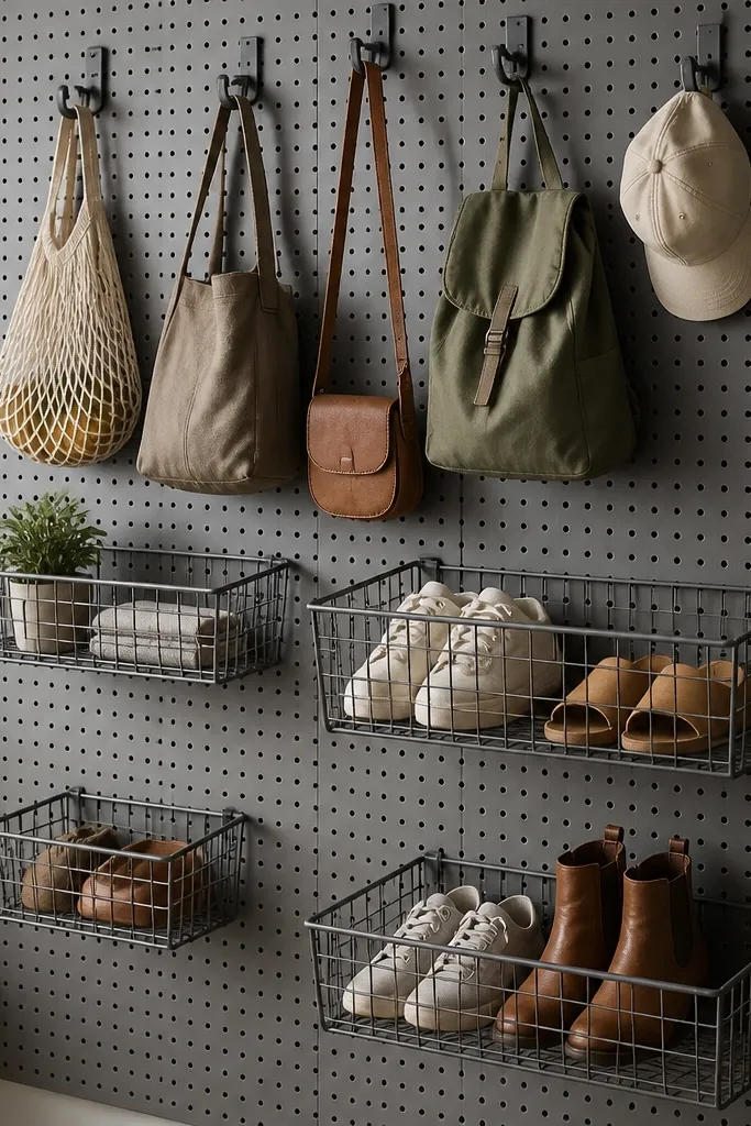 A gray pegboard wall with several wire baskets mounted at different heights. Two wire baskets hold shoes. A row of hooks above holds bags. The baskets have open fronts and mesh sides.