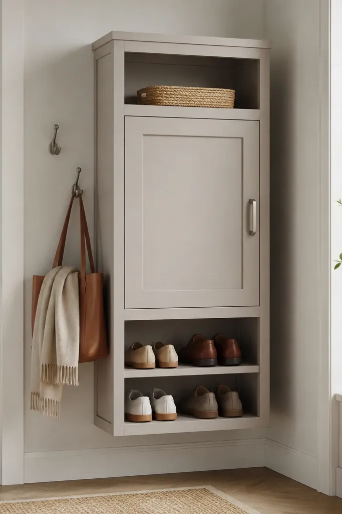 A small shaker-style cabinet frame mounted to the wall. The lower section has open shelves for shoes. The upper section has a closed cabinet door for bags with a top open shelf. Hardware is brushed nickel.