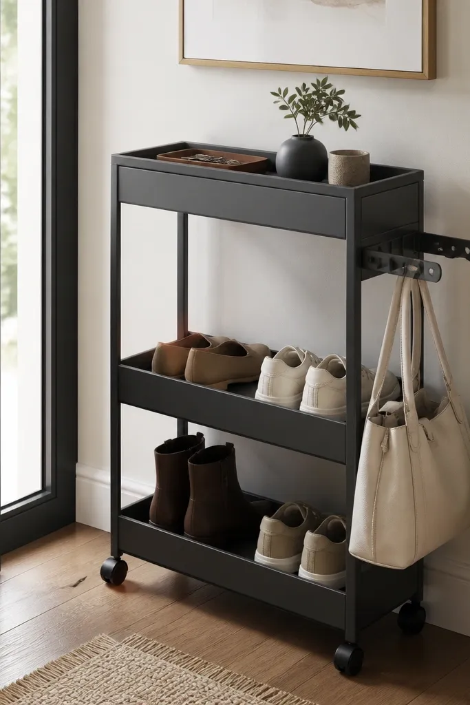 A slim rolling cart beside the entry door. The cart has two open shelves for shoes and a top shelf for small items. On one side, fold-out hooks swing out to hang bags.