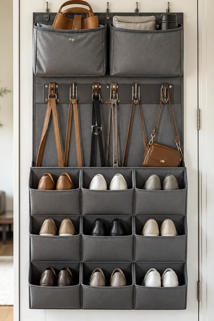 A hanging organizer mounted on a door or wall with rigid pockets for shoes. The top has insulated fabric compartments for bags and a row of straps that hang from hooks.