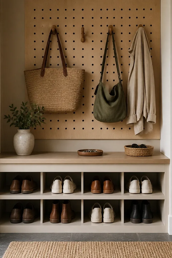 A built-in-looking bench with a top ledge for keys and a pegboard above it. The bench base holds shoes in two rows with vertical dividers. Hooks on the pegboard hold bags.