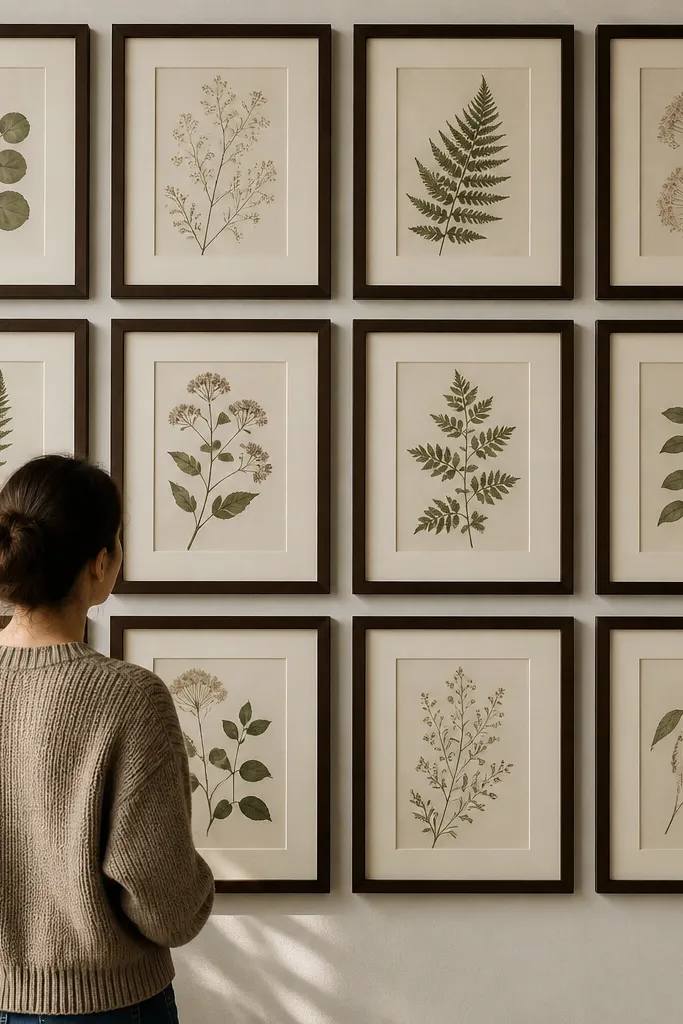 Four walnut frames with cream mats arranged in a neat grid on a light wall