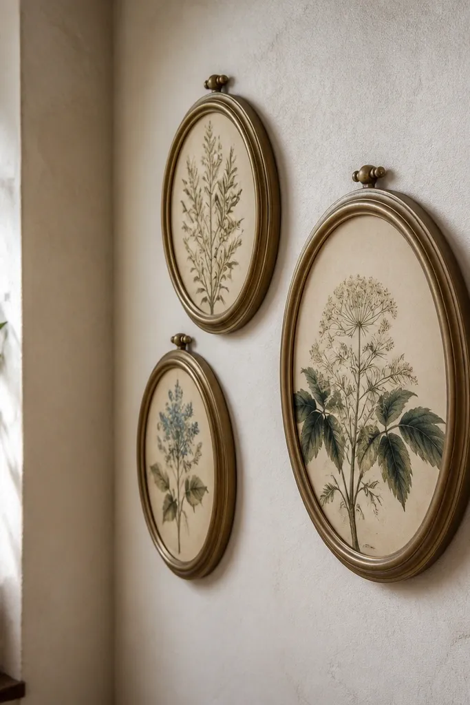 Three brass-toned oval frames with botanical prints on a warm beige wall