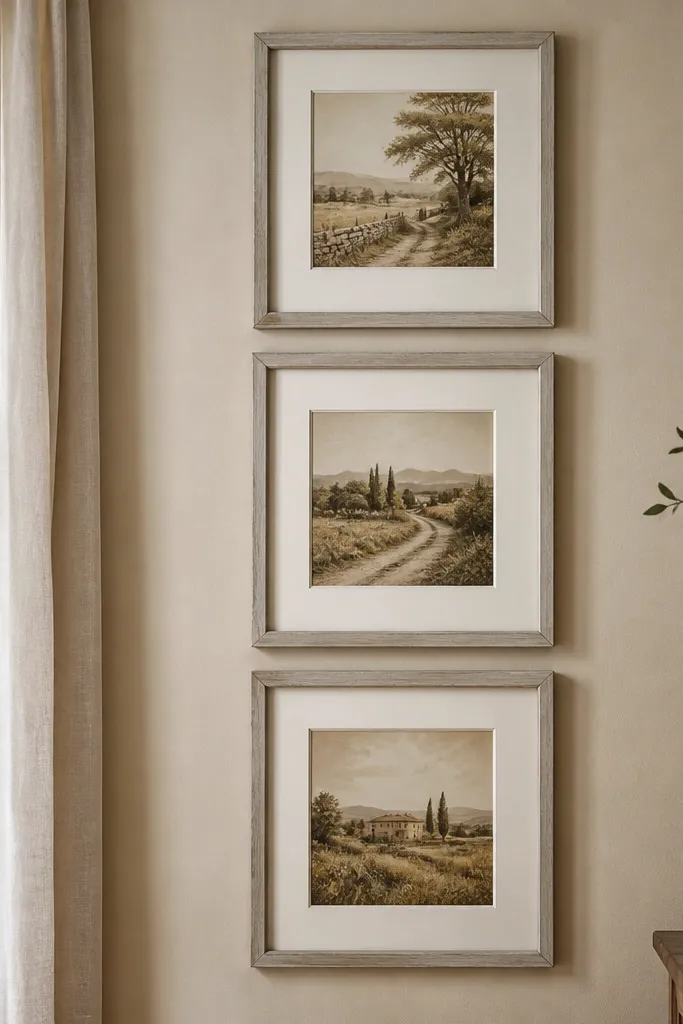 Three vertically oriented frames with wide off-white mats arranged in a row
