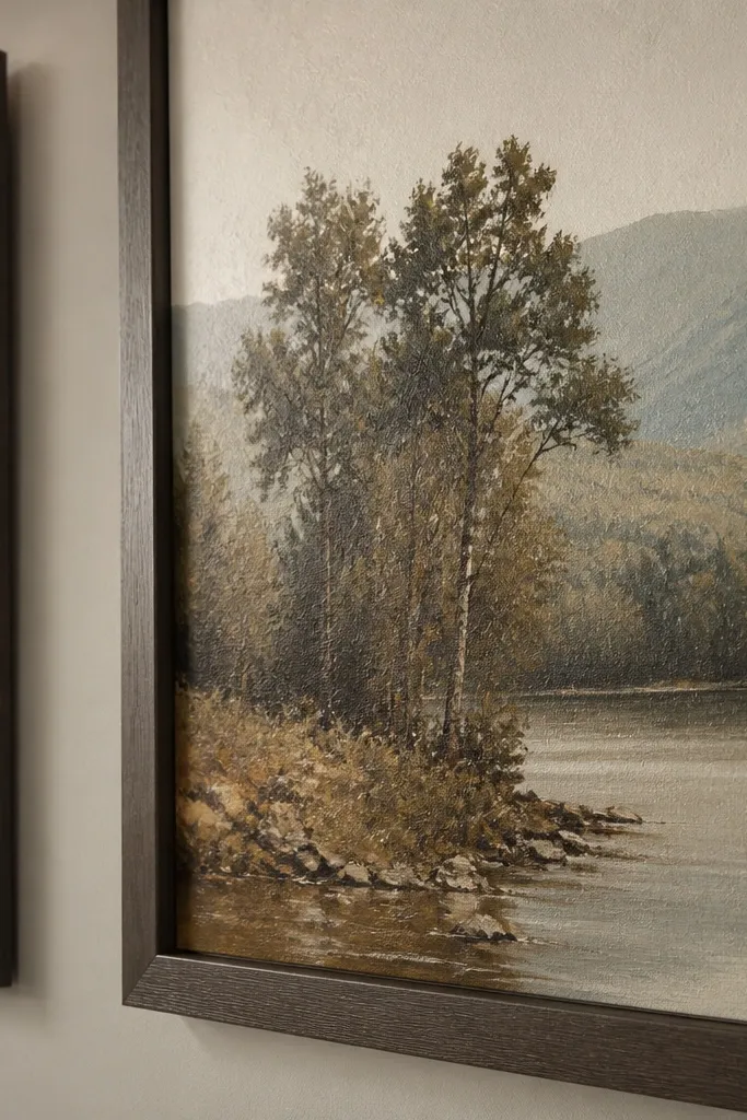 Four frames with textured art reproductions in muted browns and creams