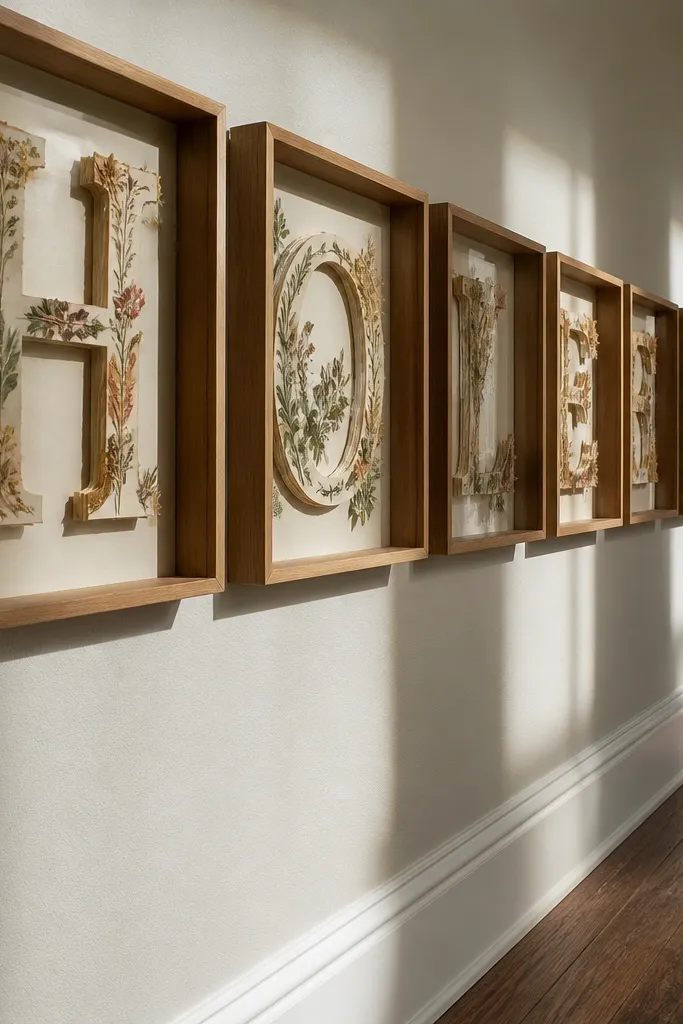 Two shadowbox frames with vintage-style letterforms and small objects