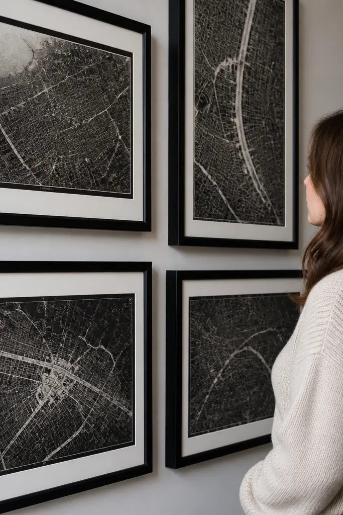 Five black-and-white map prints in black frames arranged in a staggered stack