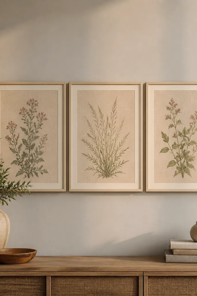 Three cream frames with linen-textured paper inside on a soft neutral wall