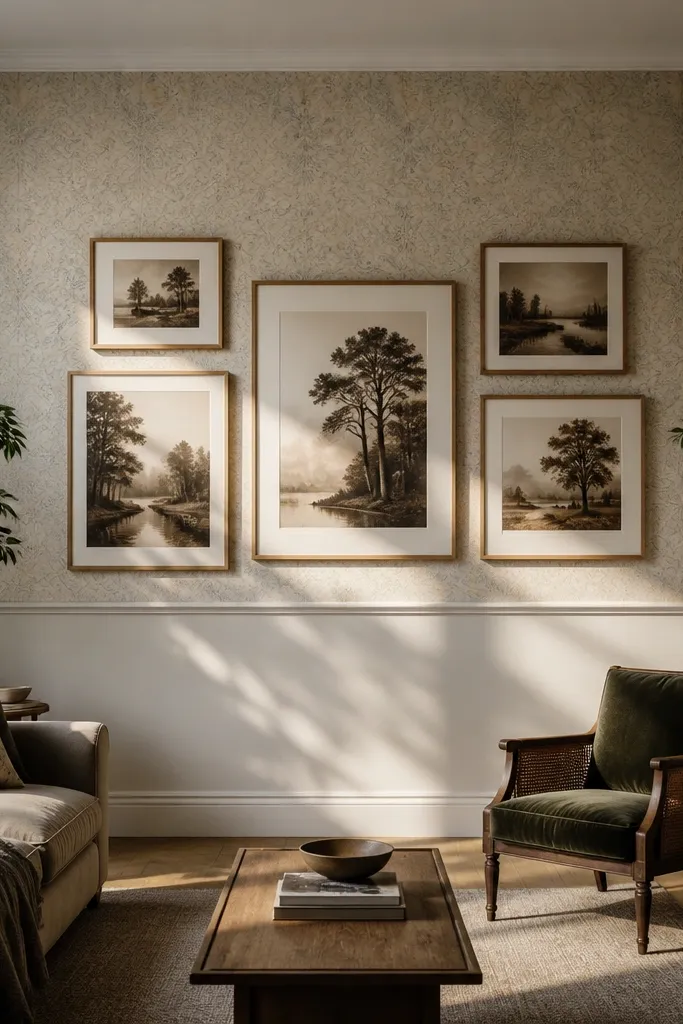 Vintage frames arranged on a light wall section with muted wallpaper pattern behind them