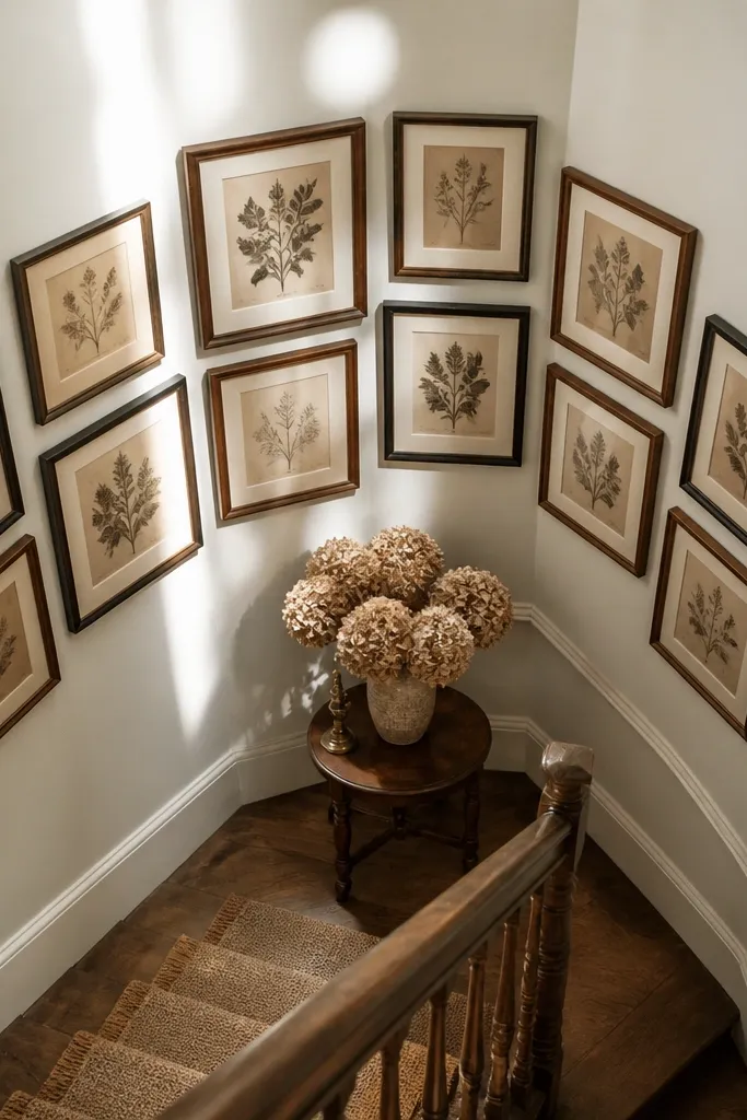 Frames arranged in a soft curve across two adjacent walls near stairs