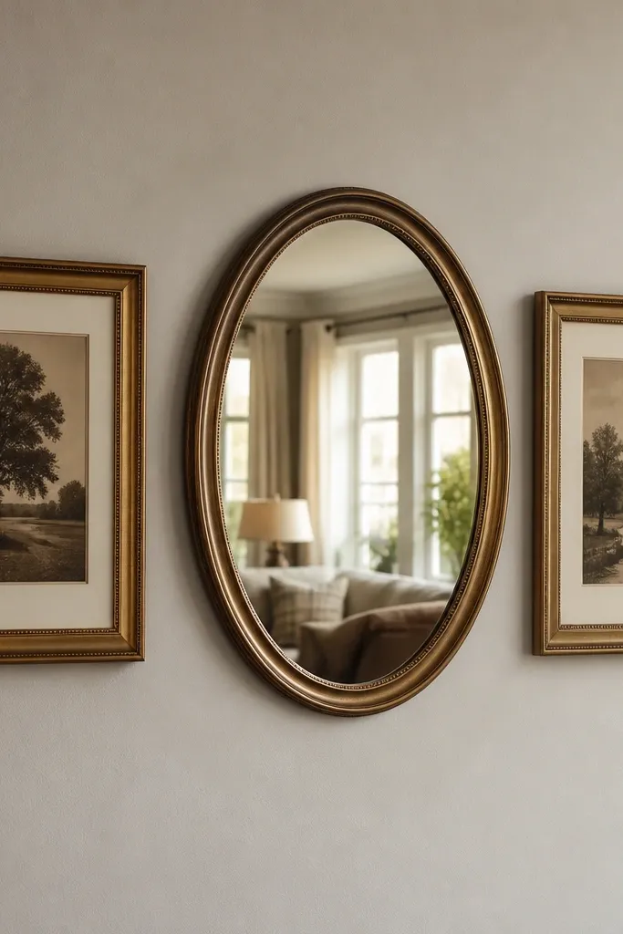 Oval mirror with two surrounding frames on a light wall
