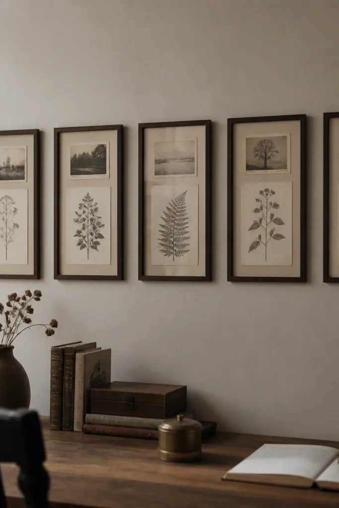 Three frames arranged like a timeline above a desk with muted vintage prints