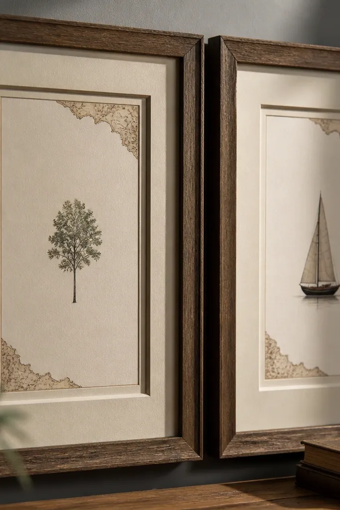 Four frames with thick mats and antique map corner details