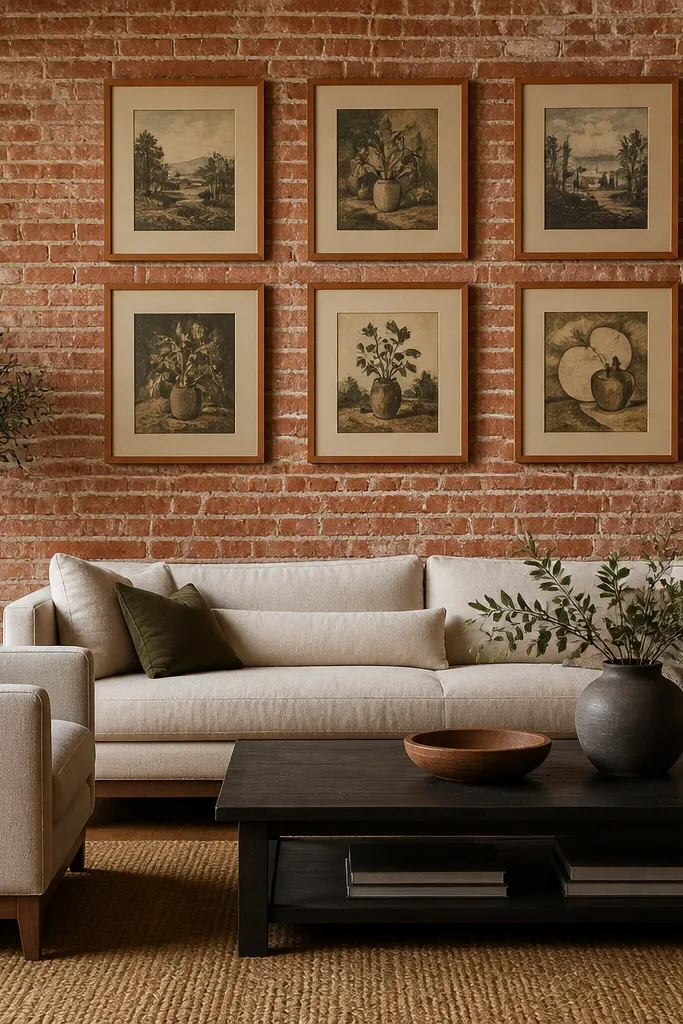 Four frames with terracotta accents and vintage prints on a brick-colored wall