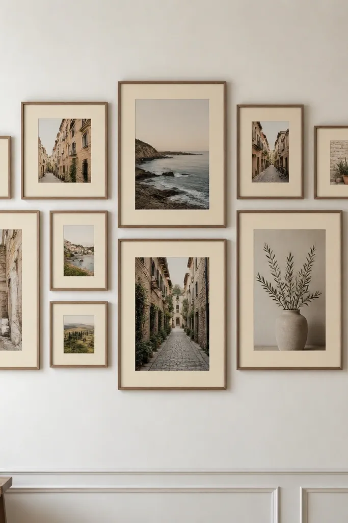 Six frames in varied sizes with same mat color and muted prints arranged in a rectangle