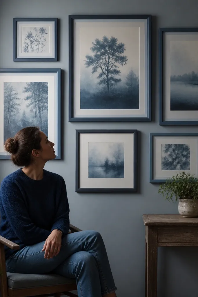 Five blue-toned frames with faded vintage prints arranged in a loose grid