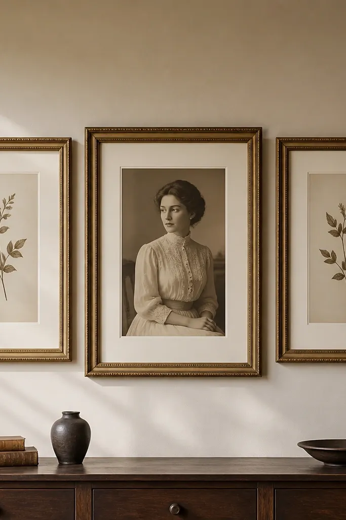 Large portrait frame centered with two smaller frames symmetrically on each side