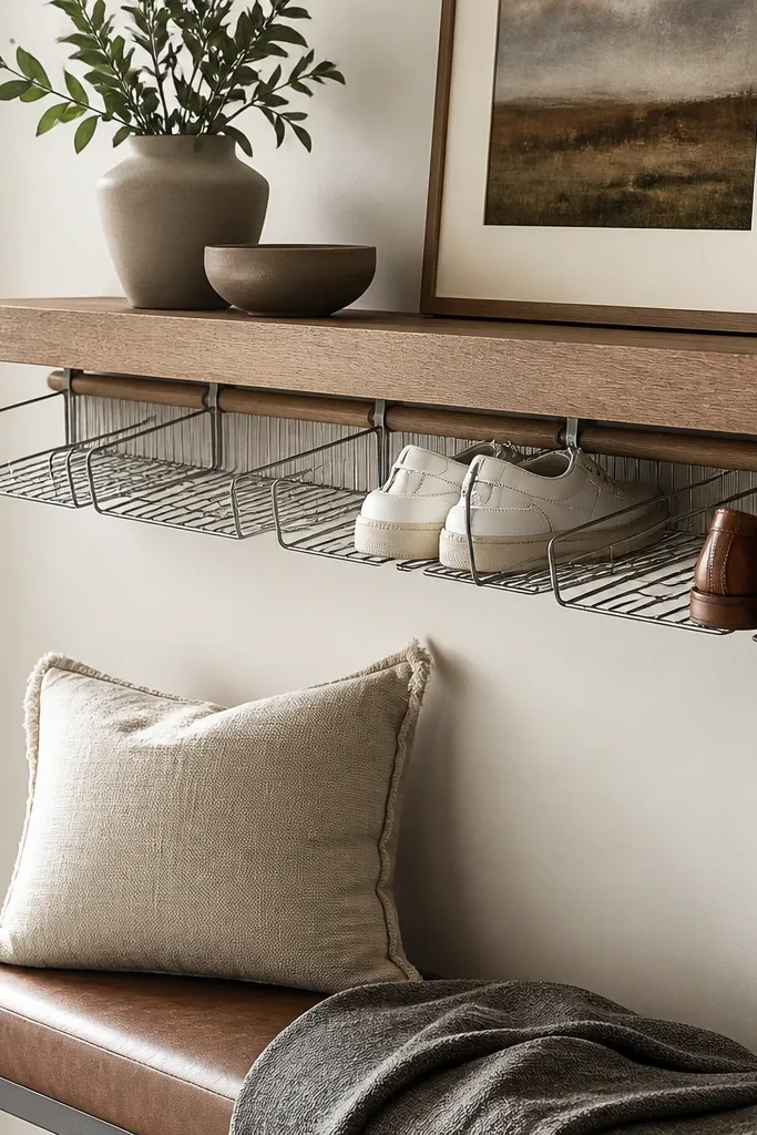 A floating shelf above a bench area with a row of thin metal wire baskets mounted underneath. The baskets are silver, each about the width of a shoe, and one basket holds white sneakers while another holds brown loafers. A small wooden spacer keeps the baskets aligned.