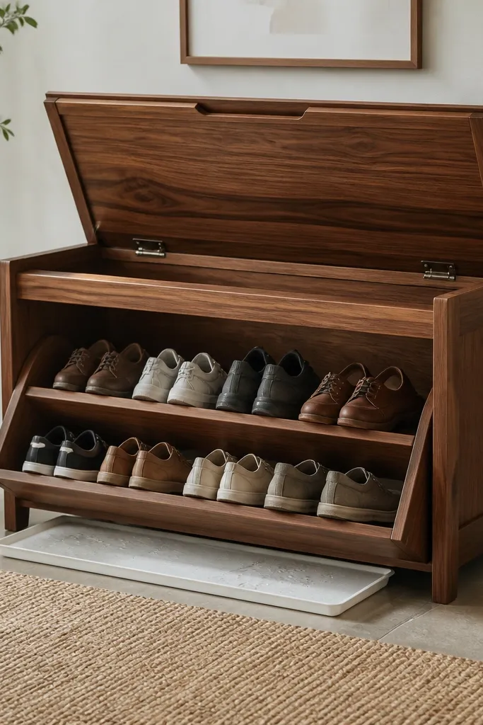A bench with a hinged top opening to reveal a slanted wooden insert. The insert holds shoes in two rows on a gentle downward angle toward a small removable drain tray. The wood is stained walnut and the drain tray is white plastic.