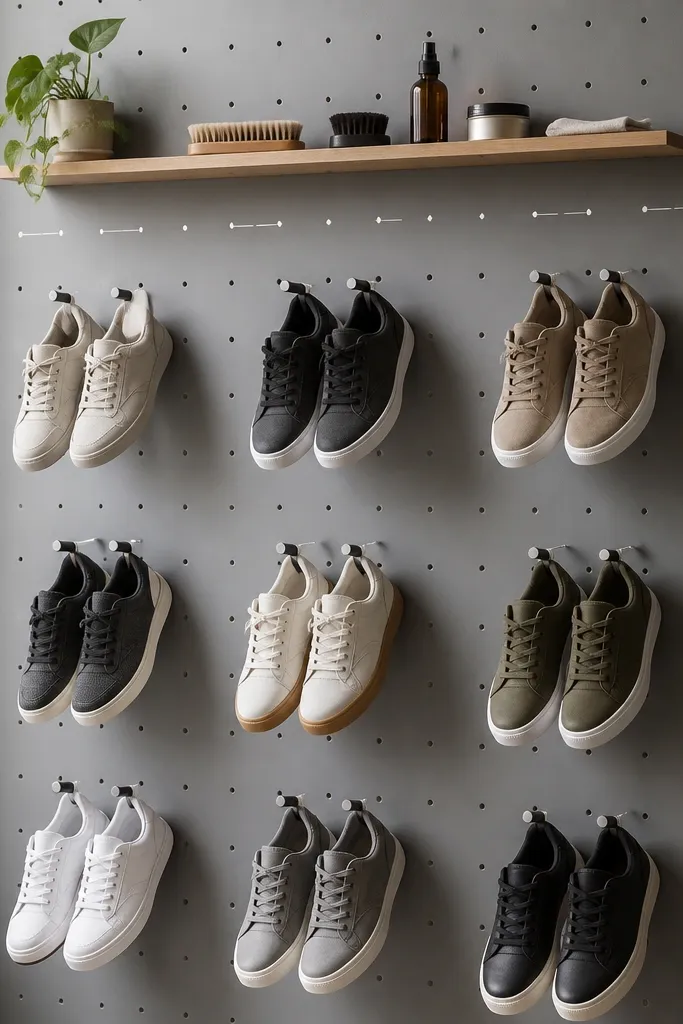 A gray pegboard wall with a grid of adjustable hooks holding shoes by the heel. Sneakers hang with toes angled slightly down. A small wooden shelf sits at the top for shoe care items, and a white marker line shows where hooks should go.