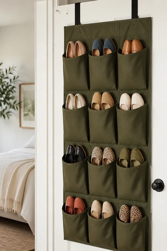 An over-the-door organizer hanging on the inside of an entry door. It has fabric pockets in a dark olive color, each pocket holding a pair of flats or slides. The top hanging strap is black, and the pockets have reinforced edges.