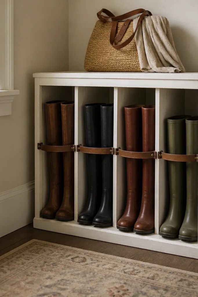 A corner of a tiny room with a simple 2x2 wood frame painted off-white. Inside are vertical dividers holding tall boots upright. Each boot has a small strap to keep it from slumping.