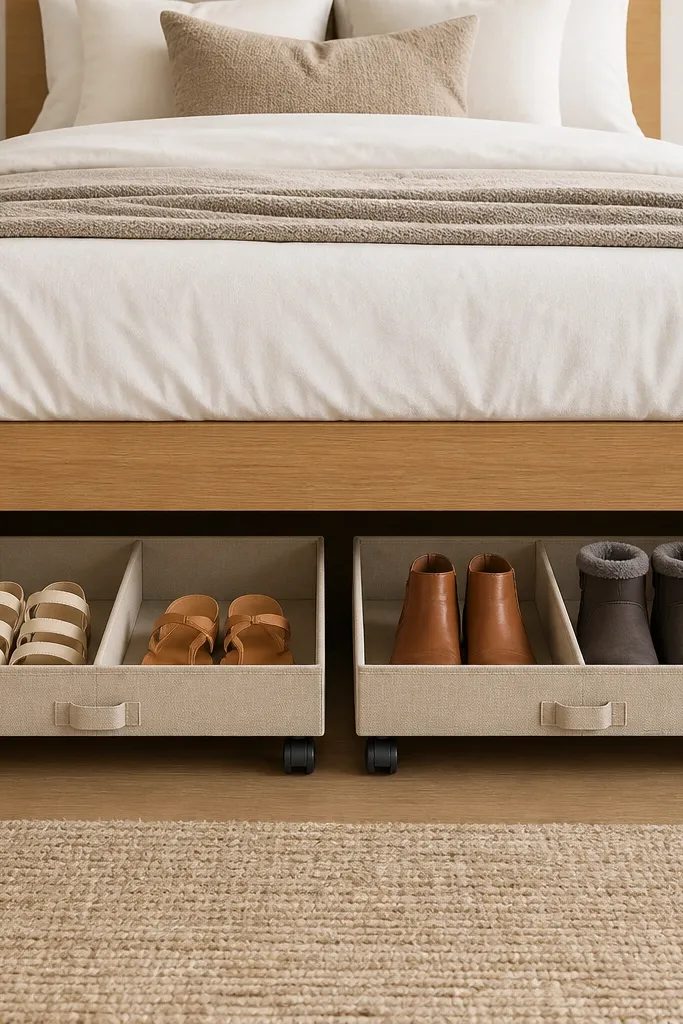 A bed with drawers removed from the front view, showing two rolling trays on casters underneath. Each tray has a labeled fabric divider and holds a pair of seasonal shoes. The trays slide smoothly with a small pull handle.