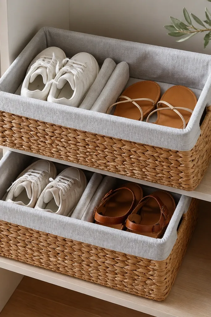 Two stacked woven baskets on a small shelf. Each basket has a removable fabric liner in a light gray cotton. Inside, sneakers and sandals sit side by side, with a folded cloth separating pairs.