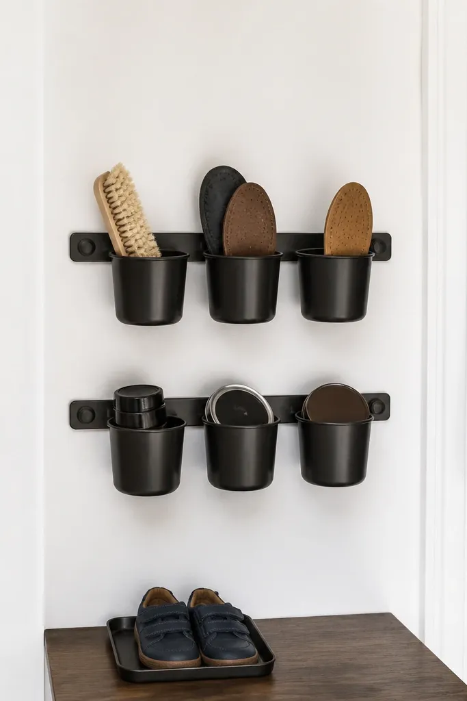 A white wall near the entry with two black magnetic rails holding small metal cups. The cups hold shoe polish, a brush, and extra insoles. A small pair of kids' shoes sits on a tiny tray below.
