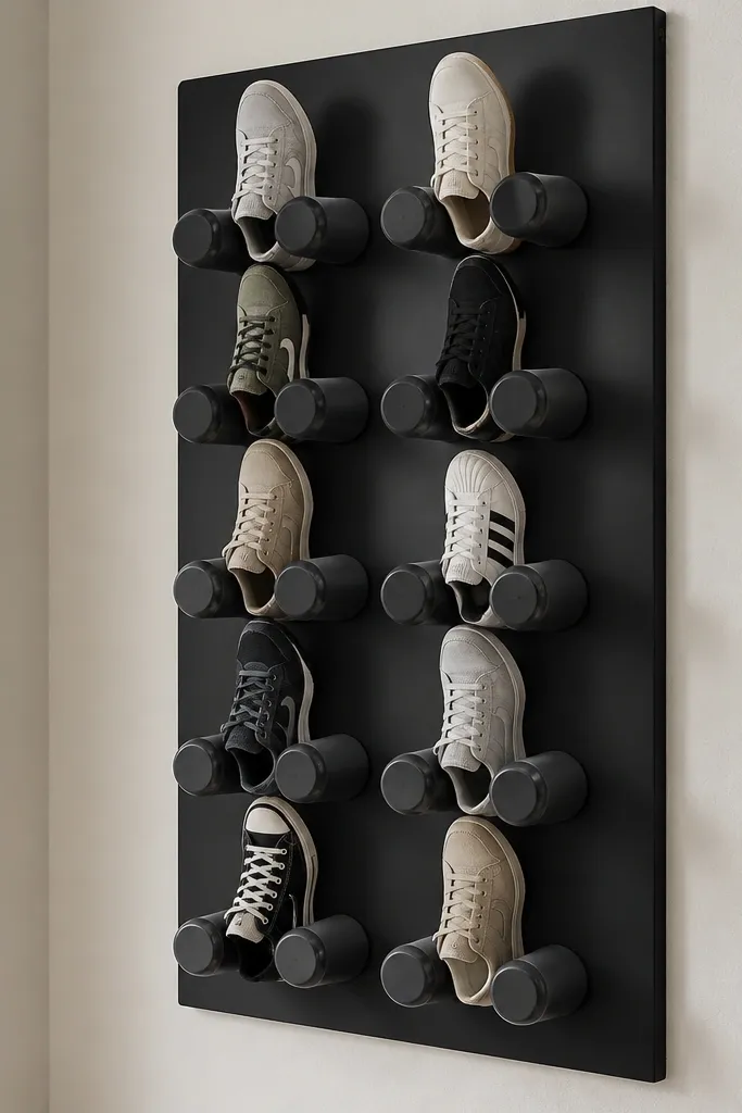 A DIY backboard painted matte black with rows of short PVC pipe sections capped on both ends. Each pipe holds the toe of a sneaker upright. Shoes are arranged in two neat columns, and the pipes have visible cut edges.