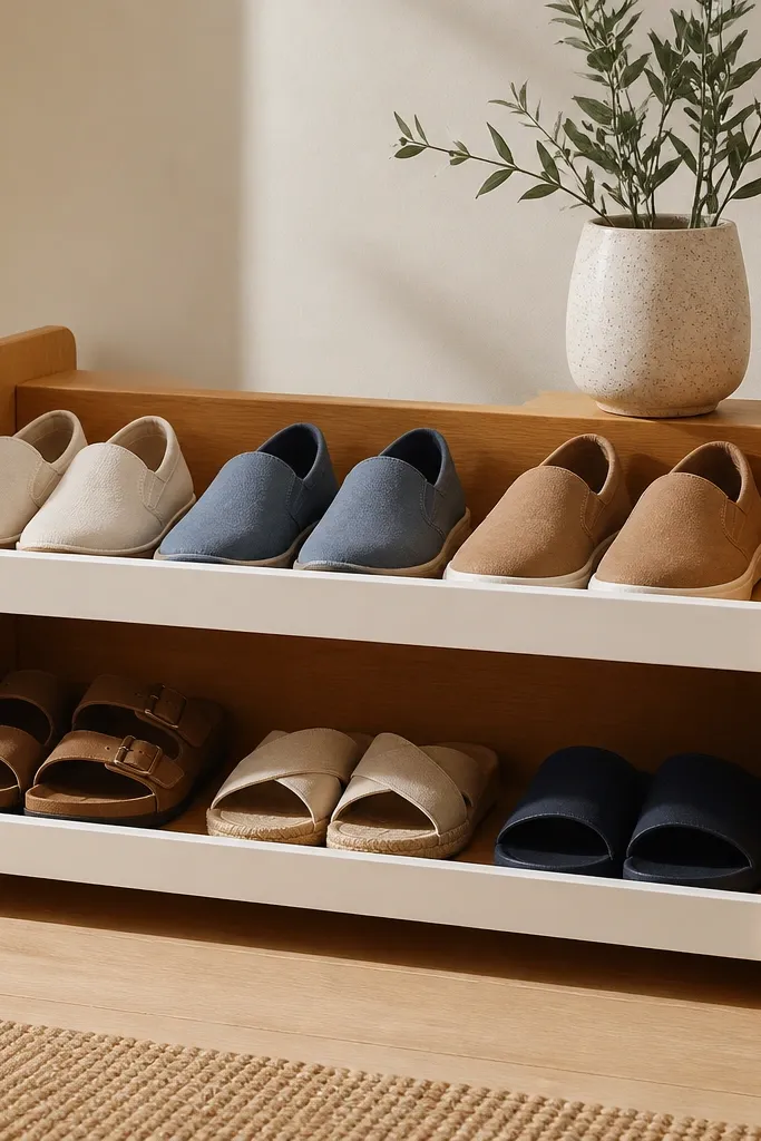 A compact two-tier wooden shelf unit with a front lip on both levels. It holds slip-on shoes and sandals neatly, with the toes facing outward. The wood is honey-colored and the lip is painted white.