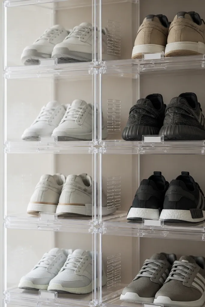 Clear acrylic cube compartments on a wall, each sized for one pair. The cubes have small vent slots on the sides and a label card holder at the front. Shoes inside look evenly spaced, with white sneakers in one cube and dark sneakers in another.