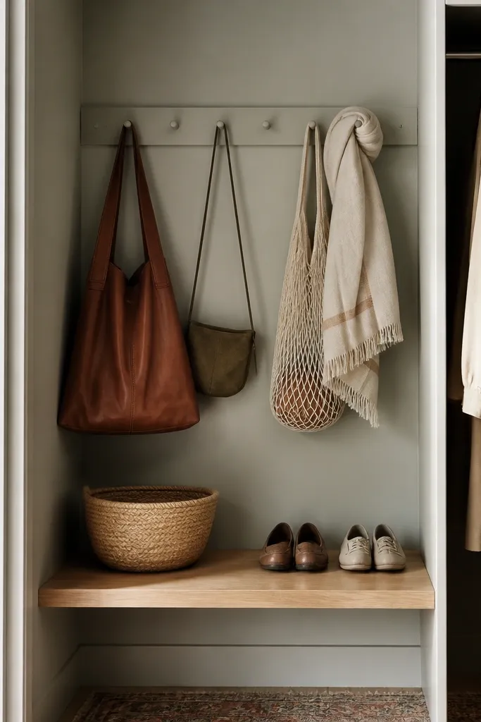 Inside a small closet, a side panel has a peg rail with hooks for bags and shoes. Below, a short bench shelf holds a basket and two pairs. The panel is painted the same color as the closet interior, with a light wood shelf front.