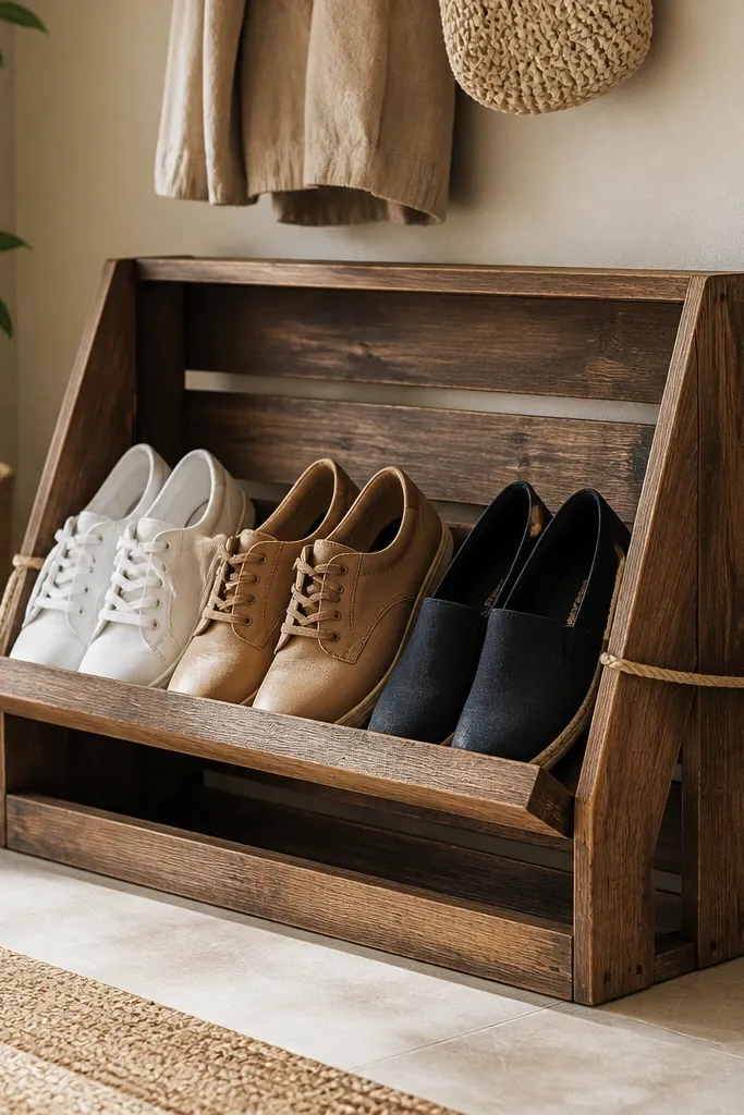 A compact shoe rack built from pallet wood, with a slanted top board and open sides. Shoes rest on the slanted surface, and a rope tie holds the rack closed when not in use. The wood is sanded and stained to a warm brown.