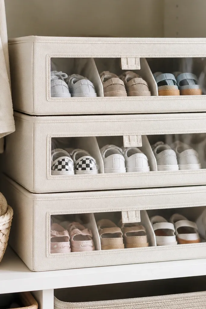 A stack of fabric drawers on a closet shelf. Each drawer has internal dividers forming small compartments. There are clear window labels on the front, and inside you can see tiny sneakers and sandals separated by size.