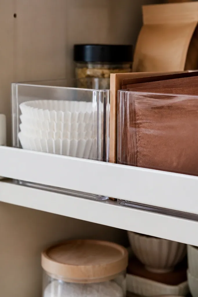 Two shelves with a thin rail holding small clear bins in a neat row