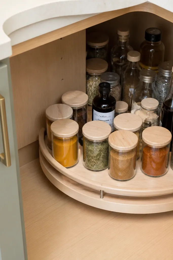 A corner shelf insert with a small rotating tray holding jars