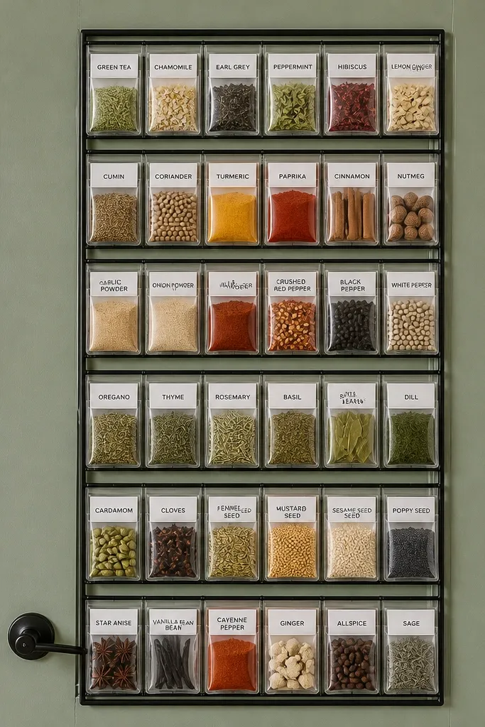 Pantry door with clear pockets holding spice jars and labels