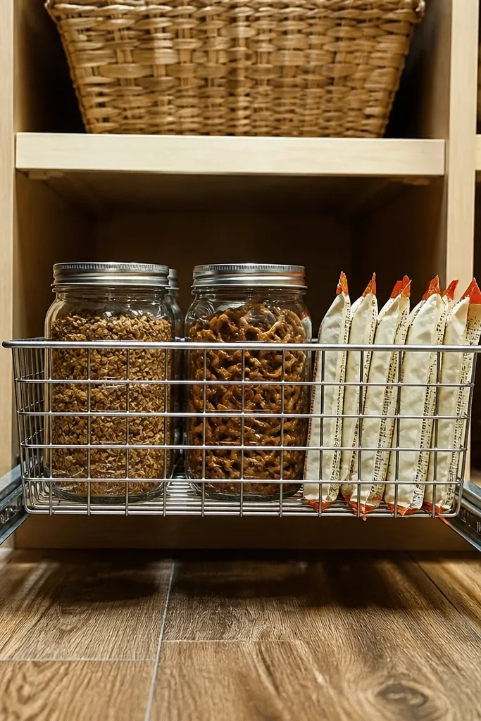 A pull-out wire basket drawer under a shelf with snack jars