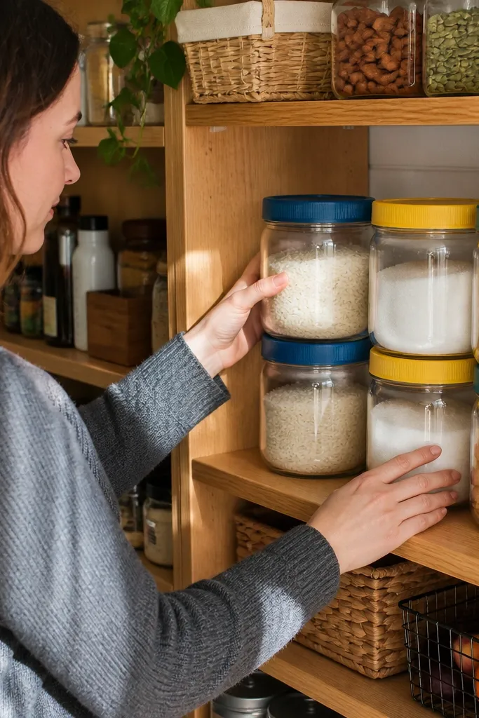 Stacked mason jars with matching labels and different colored lids