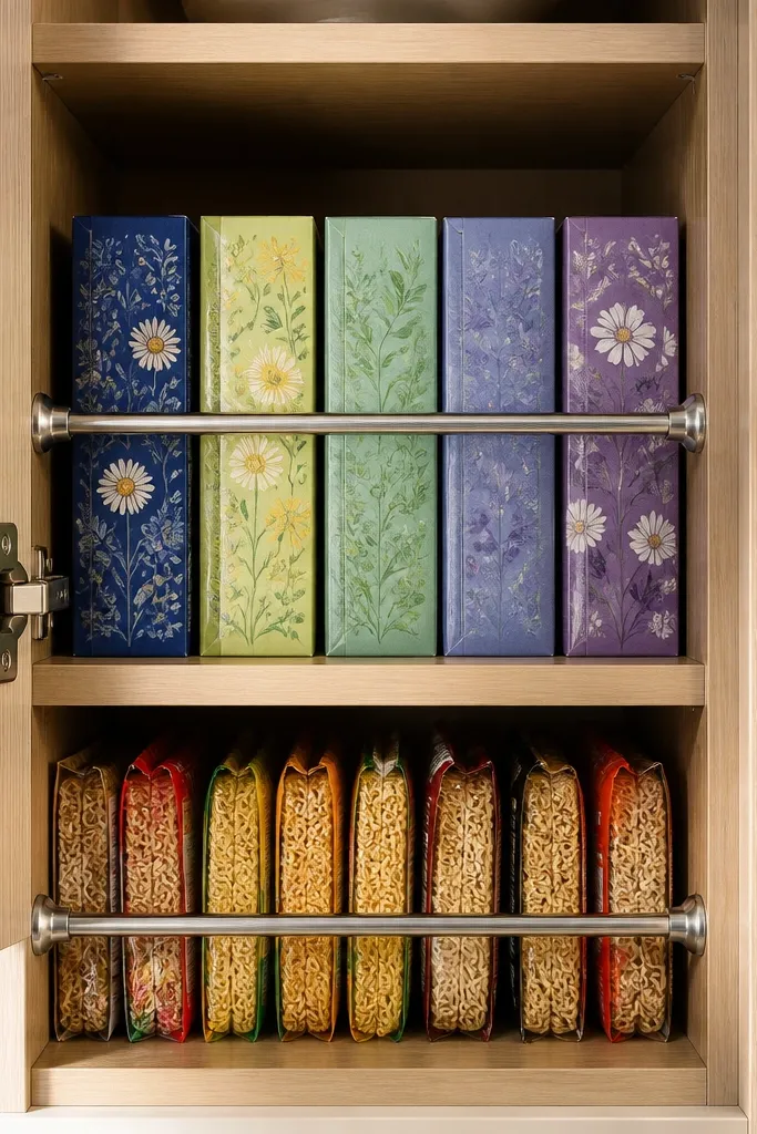 Tension rod holding upright boxes and packets in a narrow cabinet