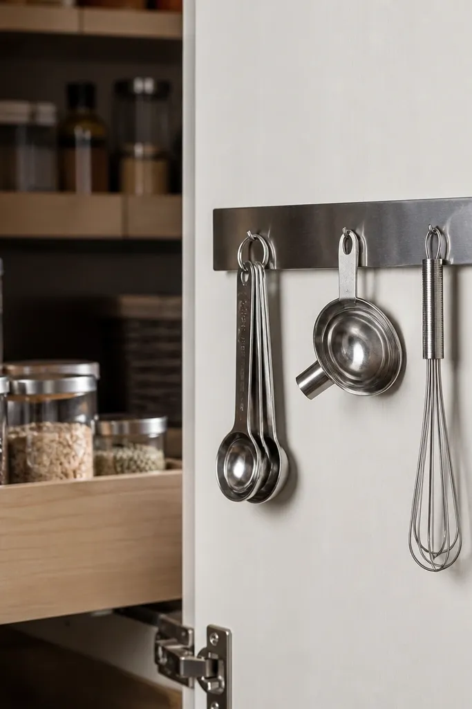 A magnetic strip holding measuring spoons and small tools on a pantry wall