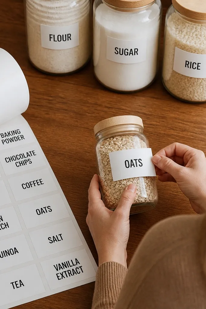 Pantry shelves with neat black vinyl labels aligned across jars and bins