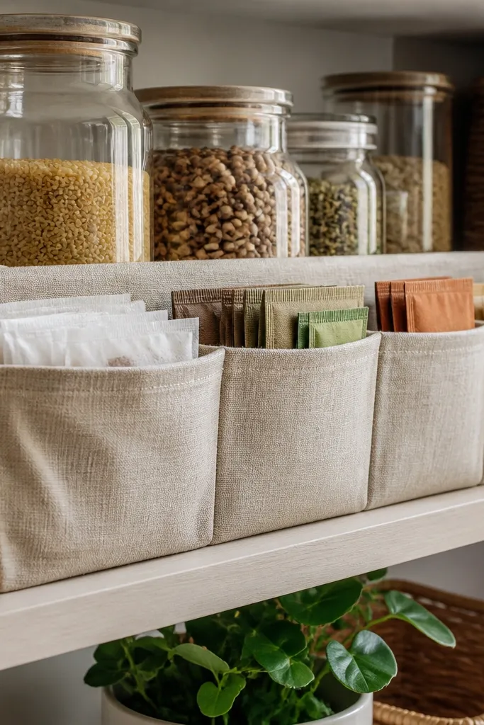 Linen pockets sewn into a shelf liner holding tea bags and sachets