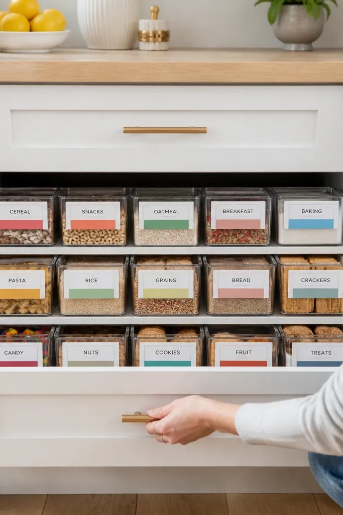 Clear bins with colored label blocks and matching lid colors