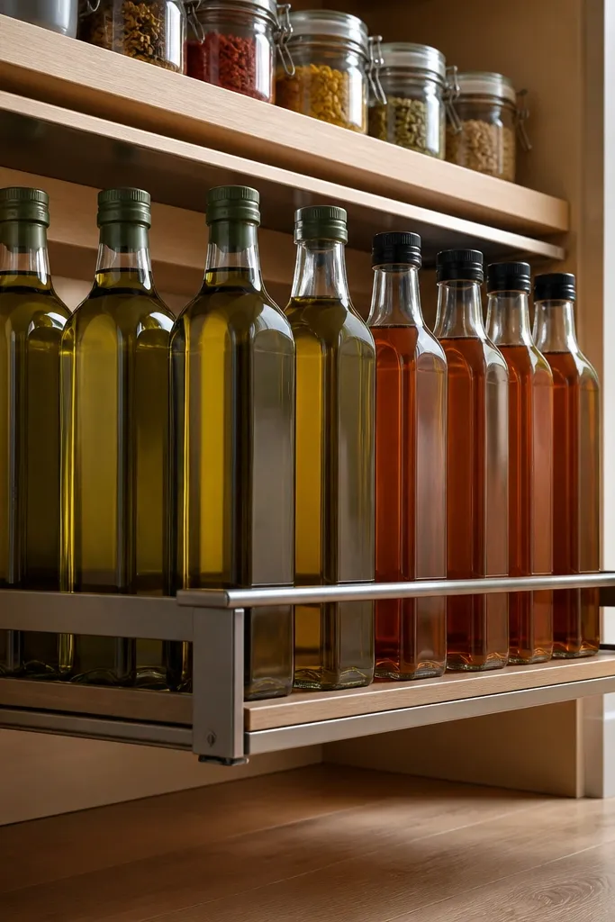 A pull-out tray under a shelf holding oil bottles with labels facing out