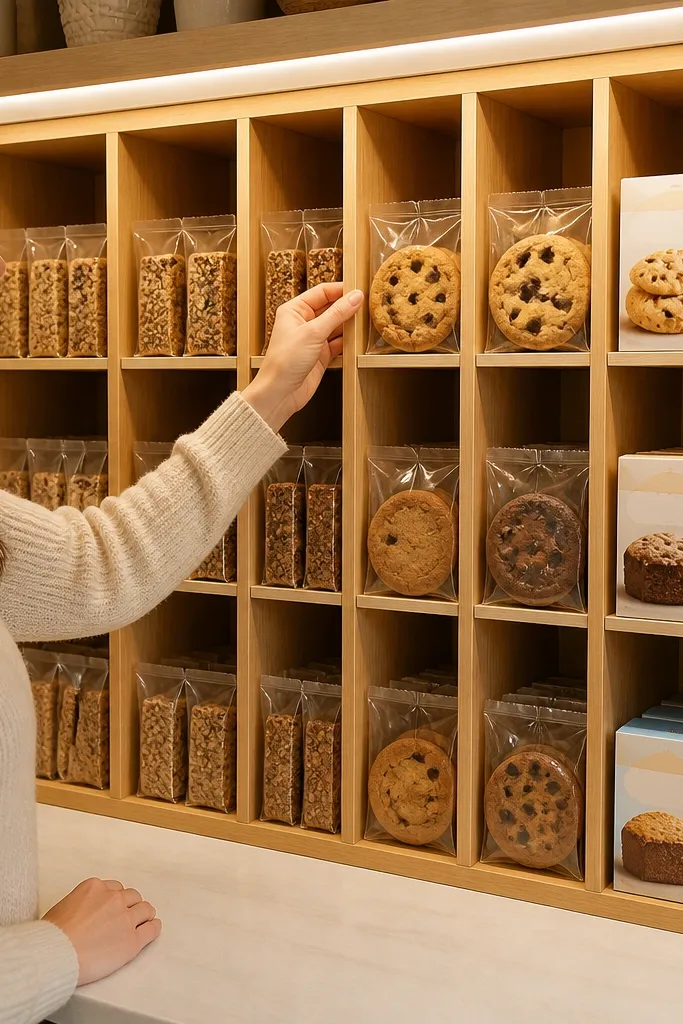 A shelf with bamboo dividers creating neat slots for snack bags