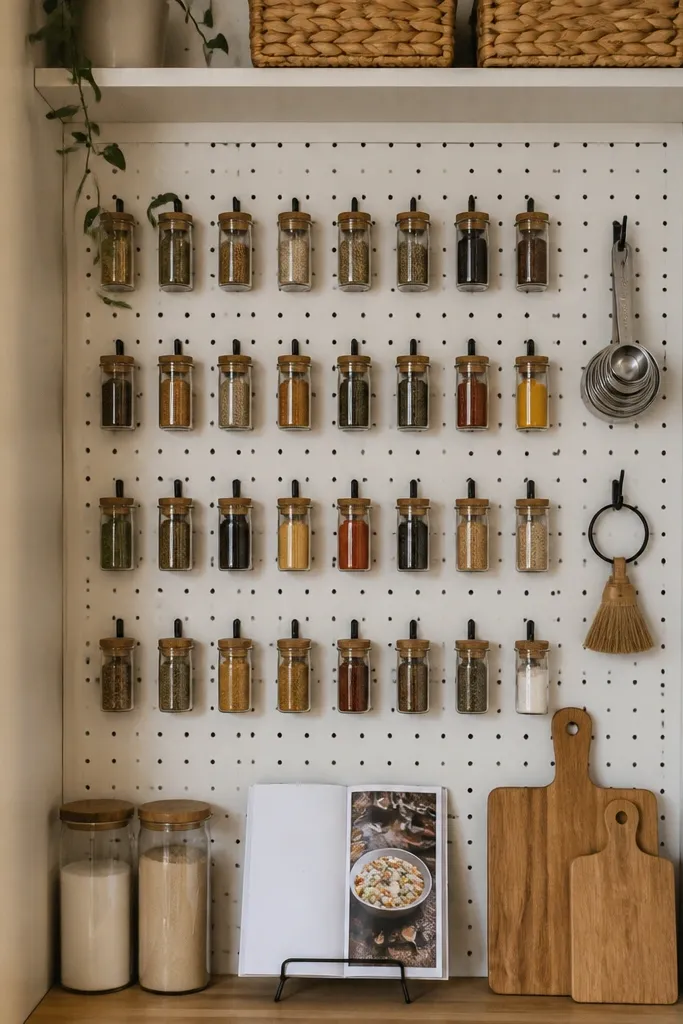 Painted pegboard panel with small hooks and jars mounted neatly