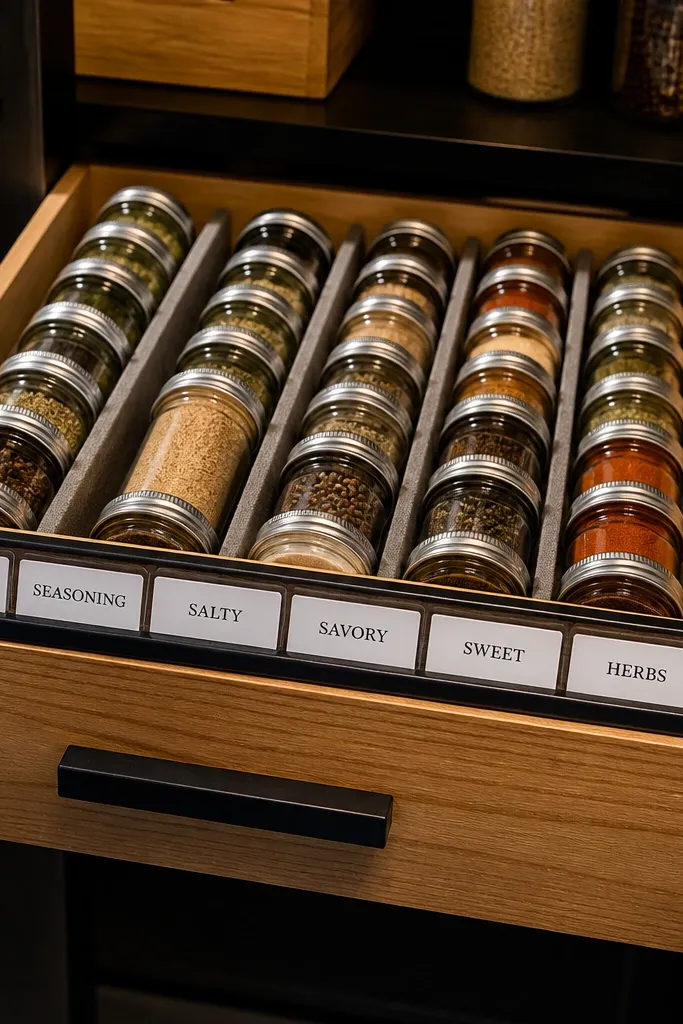 A small drawer with spice jars and sliding label cards on the front
