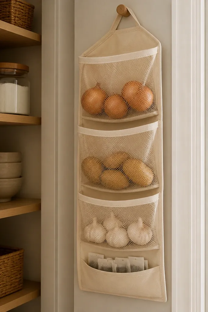 Hanging fabric bag inside pantry with compartments for onions and potatoes